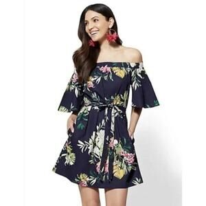New York & Company Navy Floral Off the Shoulder Trapeze Shift Mini Dress Belted